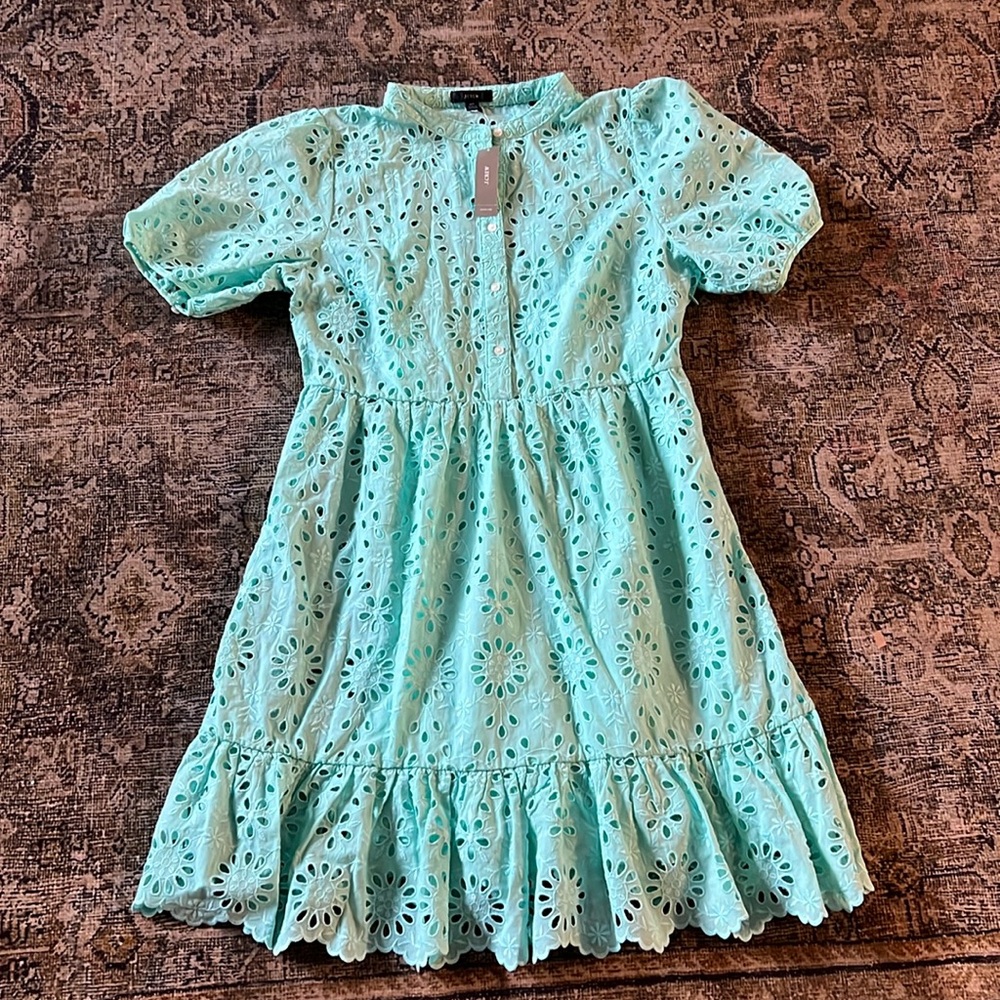 J. Crew Eyelet Aqua Green Dress Puff Sleeves Sz 12 Petite NWT